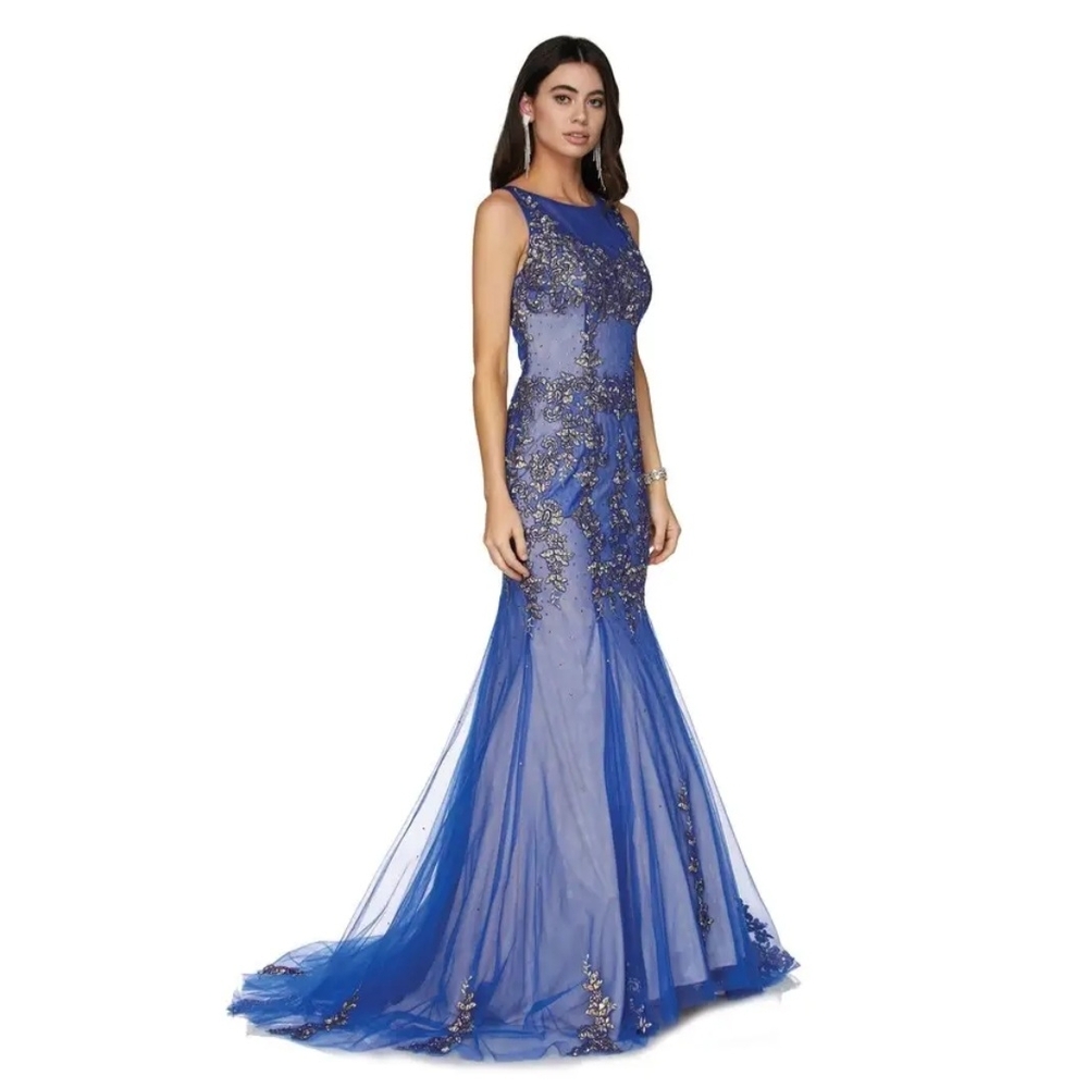 Royal Blue Lace and Bead Embellished Mermaid Evening Gown with Sweeping   Train